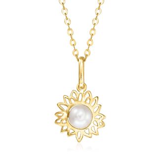 RS Pure by Ross-Simons 4mm Cultured Pearl Sunflower Pendant Necklace in 10kt Yellow Gold