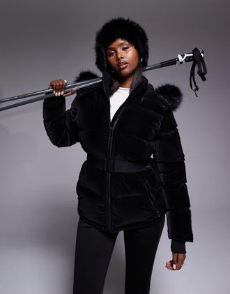 Threadbare Piumino da sci nero lucido con colletto in pelliccia sintetica