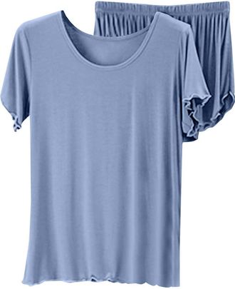 Generic Womens Modal Cotton Summer Pajama Set - Short Sleeve Top & Shorts Lounge Wear | Loose Fit Plus Size Sleepwear with Scallop Hem for Nightwear & Home We