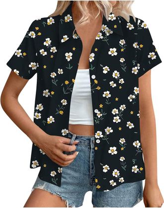 Generic Hawaiian Shirts for Women Summer Beach Shirt Trendy Tropical Floral Print Tshirts Casual Button Down Short Sleeve Blouses Plus Size Tees Fashion Outfi