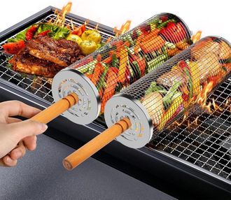 OEM Grill Basket - Stainless Steel Cylindrical Rolling Grill Basket - For Outdoor Barbecue - Vegetables Meat Fish - 30x10 Cm And 29x9 Cm - 2 Pieces