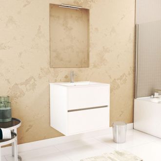 Aurlane Aurlane - Pack Mueble De Ba&ntilde;o 60 Cm Blanco 2 Cajones, Lavabo, Espejo 60x80 Y Aplique Led