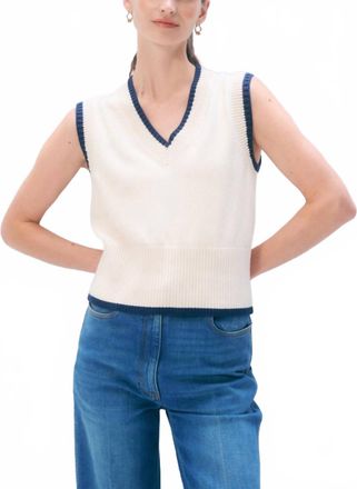 White + Warren Varsity Cotton Sweater Vest In Pale Marigold/ivory