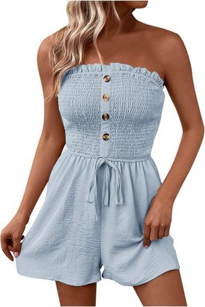 Generic Women Summer Overalls Jumpsuits Dungarees Shorts Elegant Romper Sleeveless Work Clothing Solid Ladies Strapless Trouser Suit Adjustable Waist Sexy Ove