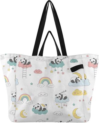 Generic Panda Rainbow Cloud White pattern Reusable Canvas Tote Bag, Heavy Duty Grocery Shopping Bag with Double Handles Hard Bottom Large Capacity Work Grocer