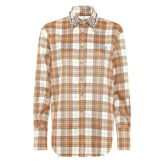 Philipp Plein Checked Oversize Shirt LS Strass Flame - Dames - Overhemden - Bruin - L - Polyester - Overhemden