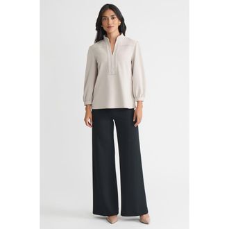 Ming Wang Stretch Deco Crepe Balloon Sleeve Blouse in Limestone/black at Nordstrom, Size Xx-Small