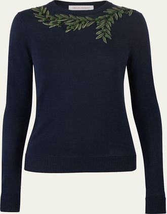Carolina Herrera Olive Branch Embroidered Silk-Cotton Crewneck Sweater