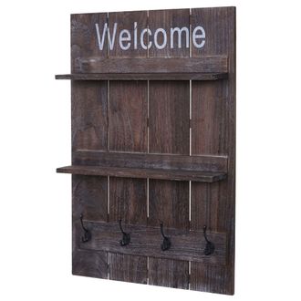 Hhg Perchero De Pared Hhg-917 Welcome, Panel Perchero, Estilo Vintage Desgastado, 4 Ganchos, 90 X 60 Cm, Marr&oacute;n, Desgastado