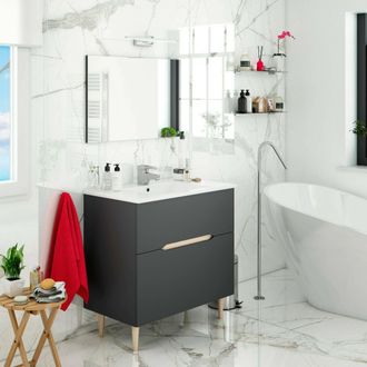 Dmora Dmora - Mueble Bajo Lavabo Yarmouth, Mueble Bajo Lavabo, Mueble De Ba&ntilde;o Con Espejo, Lavabo No Incluido, 80x45h80 Cm, Antracita Y Roble, Con Embalaje R