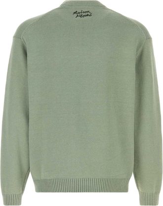 Maison Kitsun&eacute; Mens Cat-Embroidered Cotton Blend Sweater Green Nylon