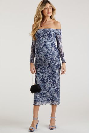Pinkblush Floral Off Shoulder Mesh Knit Midi Dress in Navy Blue at Nordstrom, Size X-Small
