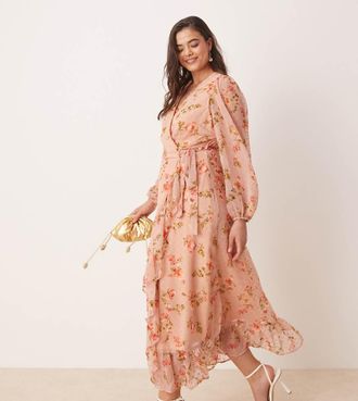 Vila VILA Curve textured wrap maxi dress with ruffle detail in rose floral print-pink