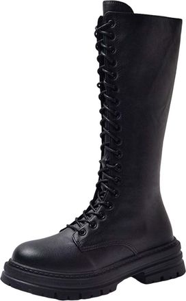 Generic Knee High Boots for Women UK White Lace up Riding Boots Mid Calf Combat Boot PU Leather Side Zipper Punk Goth Boot Round Toe Platform Wide Calf Boots 
