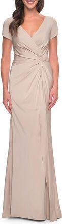 La Femme Elegant Evening Gown with V Neck and Knot in Champagne at Nordstrom, Size 4