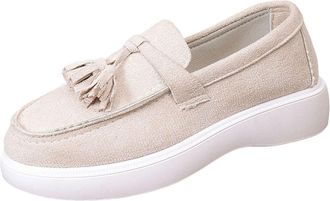 Generic Beige Ladies Chic Loafers Adorned with Tassel and Round Toe Design One-Foot Flat for Casual Activities