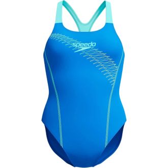 Speedo Dames-eendelig zwempak met Medley Medalist-print (Blauw/Groen)