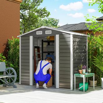 OUTSUNNY 7 x 4ft Metal Garden Shed with Double Doors & Gloves, Dark Grey