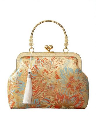 Generic Chinese Style Brocade Evening Bag, Retro Floral Pattern Clutch with Chain Strap, Gold Frame Kiss Lock Handbag with Tassel, Cheongsam Banquet Crossbody