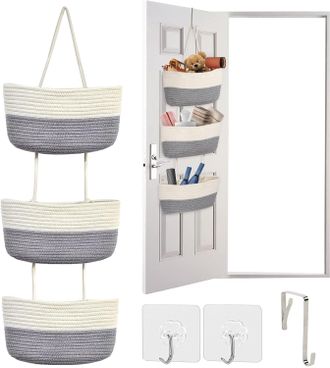 OEM Mueble De Almacenamiento De Tela - 3 Bolsillos + Ganchos - Blanco/gris - Dormitorio/ba&ntilde;o/cocina