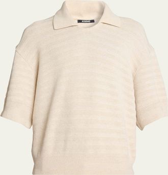Jacquemus Mens Cotton and Silk Herringbone Knit Polo Sweater