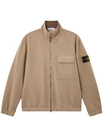 Stone Island Textured Brown Zip-Up Shirt with High Collar and Flap Pocket