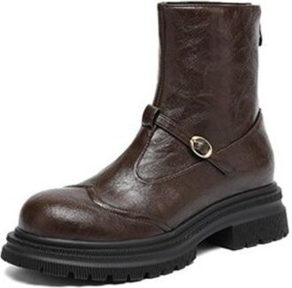 Generic Womens Retro Round-Toe Ankle Boots with Chunky Lug Sole Buckle Strap Comfortable Slip-Resistant Durable for Casual Daily Streetwear Fall Winter,Brown,