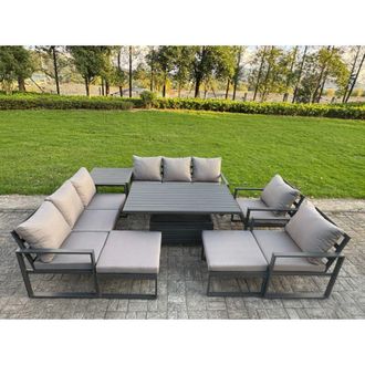 Fimous Fimous Garden Aluminium Furniture Set Dark Grey 10 Seater Outdoor Patio Adjustable Rising Lifting Dining Table with 2 Big Footstools Side Table Dark