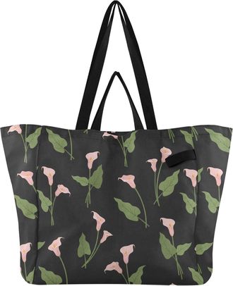 Generic Flower Leaves Black pattern Reusable Canvas Tote Bag, Heavy Duty Grocery Shopping Bag with Hard Bottom Double Handles Large Capacity Work Groceries Tr