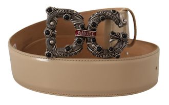 Dolce & Gabbana Womens Beige Leather Silver Logo Buckle Amore Belt - Size 30 inches