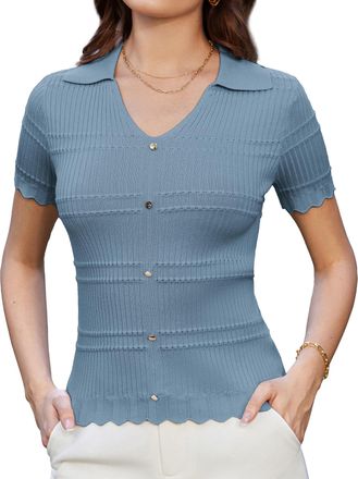 Grace Karin Women Short Sleeve Jumper V-Neck Poloshirt Slim Fit Pullover Knit Pullover Lightweight Sweater Blouse Gray Blue S