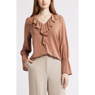 Nordstrom Ruffle Front Top in Brown Nut at Nordstrom, Size Xx-Small