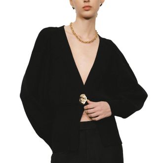 Urban Revivo Women Knitted Cardigans Long Sleeve V-Neck Lightweight Sweater One Leaf Button Down Outwear, Black-01, XL