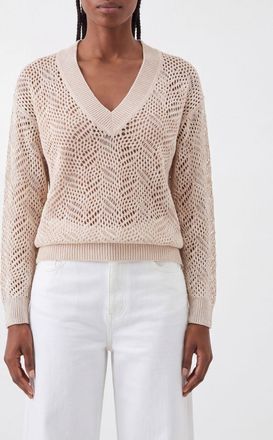 Brunello Cucinelli Maglia a V relaxed fit in 100% cashmere traforato con paillettes