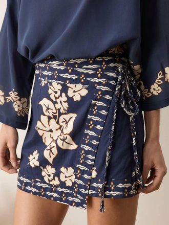 Boteh Palmetto Mini Wrap Skirt In Navy Blue/ White