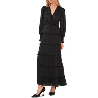 CeCe by Cynthia Steffe Ruffle Long Sleeve Satin Maxi Dress in Rich Black at Nordstrom, Size X-Small