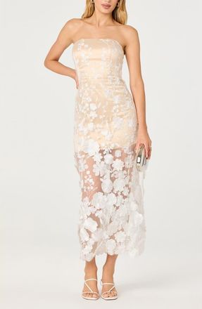 ASTR the Label Tanisha 3D Floral Appliqu&eacute; Semi Sheer Midi Dress in White at Nordstrom, Size X-Small