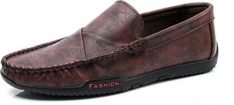 Generic Mens Loafers Shoes PU Round Toe Stitching Details Breathable Comfortable Flat Heel Flexible Anti-Slip Lightweight Party Casual Slip-on(Brown,7.5 UK)