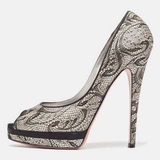 Casadei Two Tone Satin And Lace Peep Toe Platform Pumps