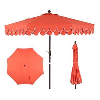 Jonathan Y Designs Tracy 9 ft. Classic MidCentury Scalloped Fringe Market Patio Umbrella with Auto-Tilt, Crank, Wind Vent and UV Protection in Coral Red at