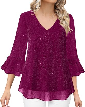 Generic Sparkly Tops for Women UK Glitter Shirts Ladies V Neck Blouse Sequin Festive 3/4 Sleeve Party Chiffon Loose Fit Tunic Tops Ruffle Flowy Double Layered