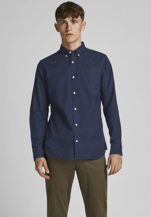 Jack & Jones Langarmhemd JACK & JONES BROOK OXFORD, Herren, Gr. XXL, N-Gr, blau (navy), Web, Obermaterial: 96% Baumwolle, 4% Elasthan, gemustert, slim fit, 1-Knopf