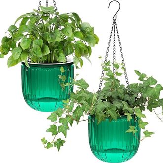 OEM Maceta Colgante - 16 5 Cm - Autoirrigable - Con 3 Orificios De Drenaje - Transparente Pet - Ideal Para Interior Y Exterior - Verde - Set De 2