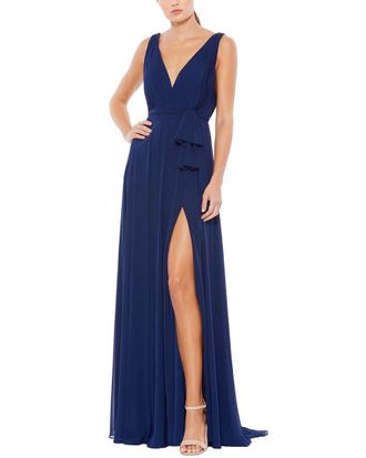 Mac Duggal Pleated V-Neck Draped Tie Gown