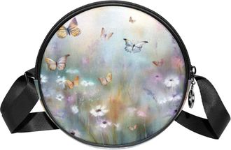 Generic Circle Crossbody Bag for Women, Butterflies Small Sling Bag Daypack with Zipper Adjustable Shoulder Straps Casual Ladies Girls Round Purse