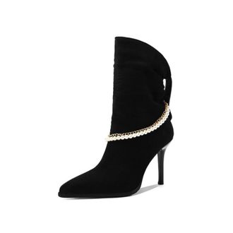 Generic Womens Pointed Toe Stiletto Heels with Double Chain Detail,Elegant Evening Wear Ankle Boots,Black,5.5 UK