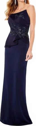 Mon Cheri Montage Strapless Peplum Maxi Dress In Navy