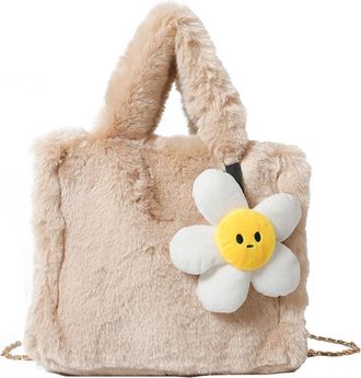 Generic Womens Plush Bags Women Plush Top Handle Bag With Chain Shoulder Solid Color Furry Purse Handbag For Work Travel(Khaki)