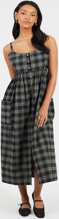 Brave Soul Vestito midi a quadri kaki con bottoni, tasche e spalline sottili-Verde