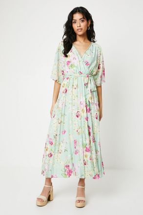 Oasis Womens Petite Occasion Kimono Sleeve Pleated Midi Dress - Sage Green - Size 10 UK